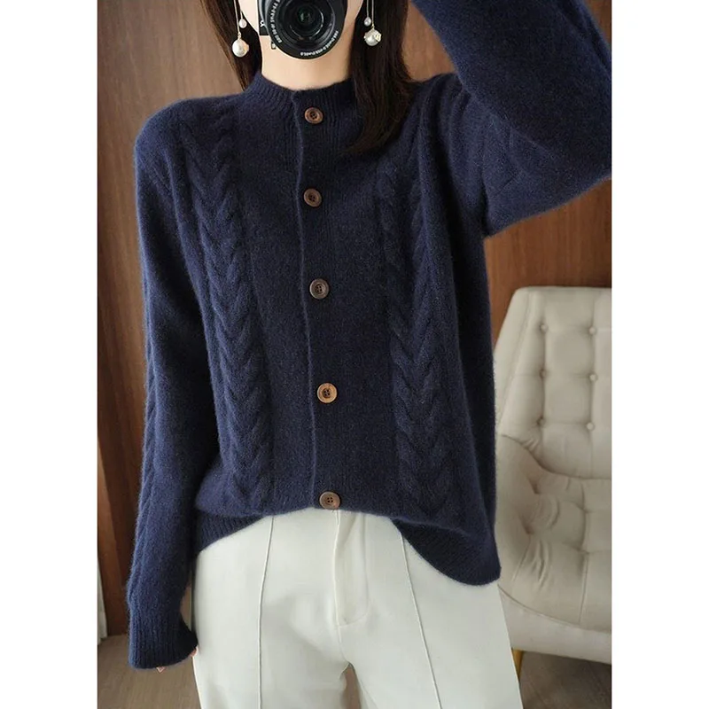 秋冬ハーフハイカラーツイストニットカーディガン高級カジュアルルーズ万能長袖ベースセーター女性用