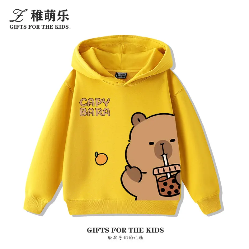 Suéter con capucha para niños de dibujos animados lindos de nueve rejillas Capybara Otoño e Invierno más terciopelo ropa que combina con todo para niños y niñas tendencia