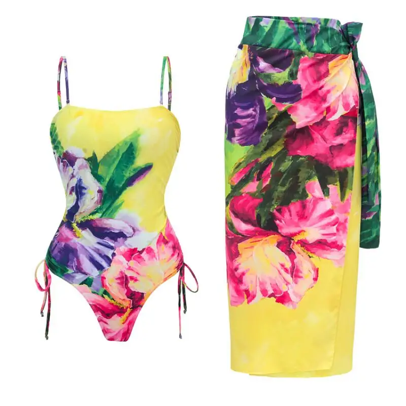 Flaxmaker-bañador y Sarong para mujer, traje de baño de una pieza con estampado Vintage, traje de baño con estampado de flores y pintura al óleo amarilla, falda
