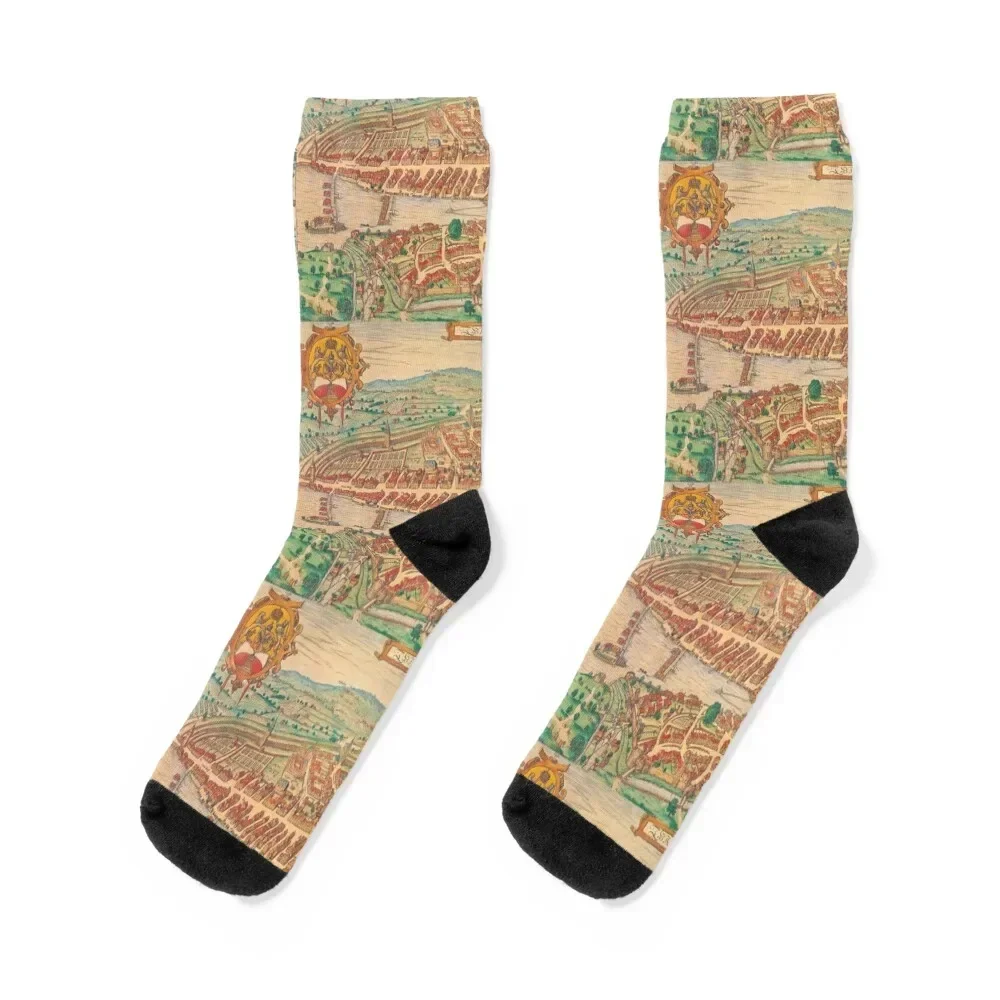 The city of Zurich on an etching of Georg Braun and Franz Hogenberg, 1581 Socks funny gift hiking aesthetic Ladies Socks Men's