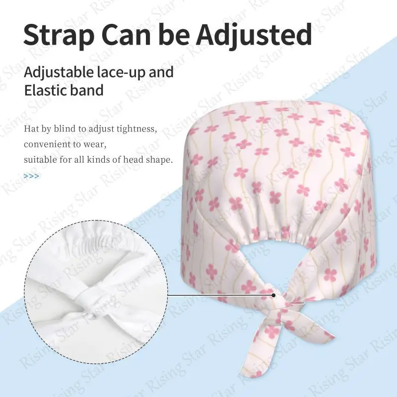 Pink flowersNurse Solid Hat Cap Operating Room Hat Female Doctor Hats Stomatology Button Cap Dustproof ICU Nurse Hat