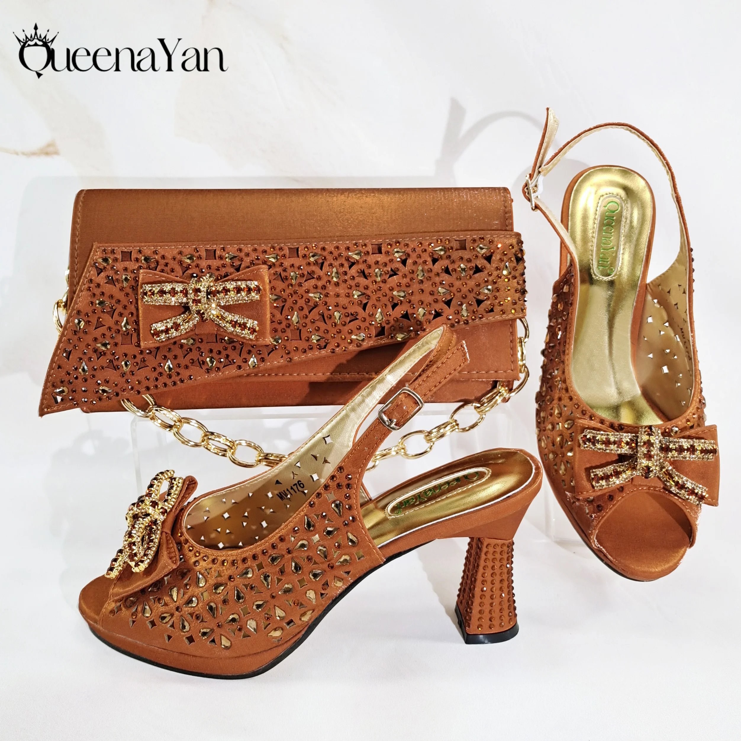 

2025 Elegant Nigerian Style Women's Peep Toe Heel Shoes With Matching Handbag Set Stunning Orange Brown for Weddings and Parties