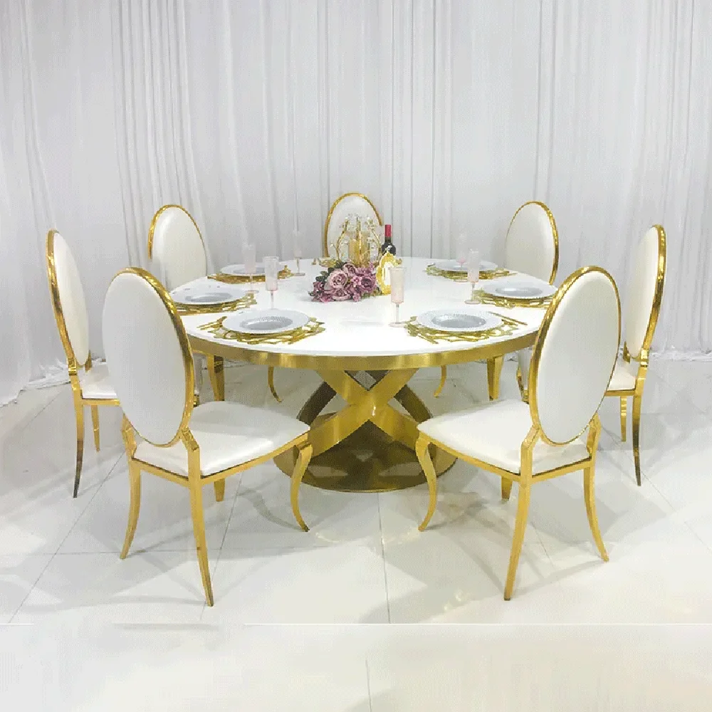 Hot selling high quality MDF top design metal base dining table gold stainless steel wedding event table