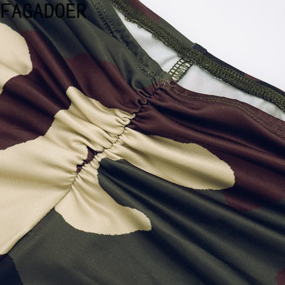 FAGADOER Sexy Camouflage Print 2 Piece Set Woman Outfit Spaghetti Strap Bandage Patchwork Top + Pants Matching Female Streetwear
