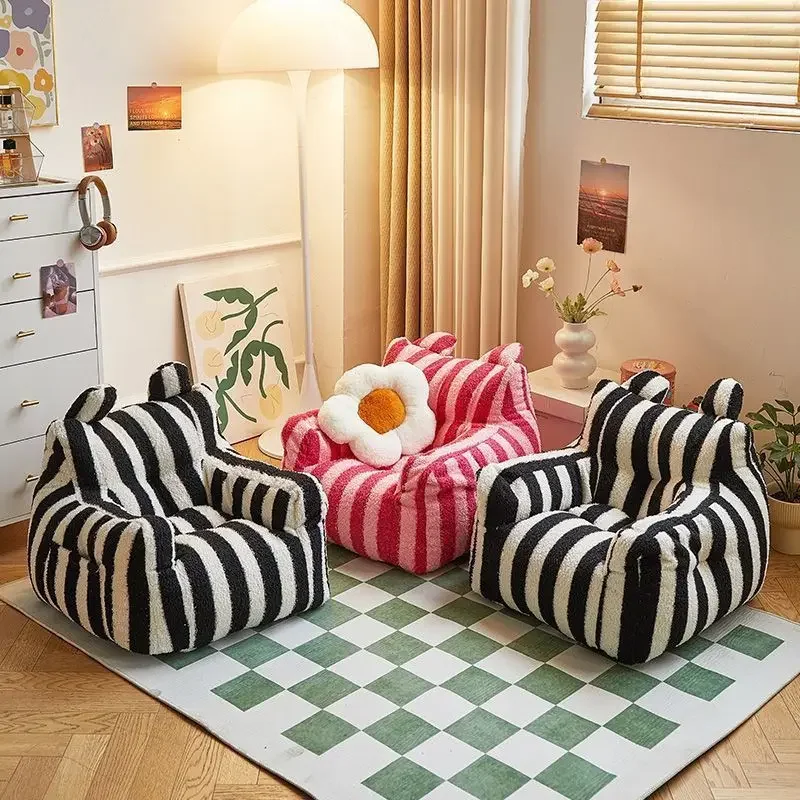 Mini Cute Striped Bean Bag Sofa Dopamine Lamb Fleece Children's Sofa Super Soft Plush Baby Lounge Chair Removable Lazy Sofa