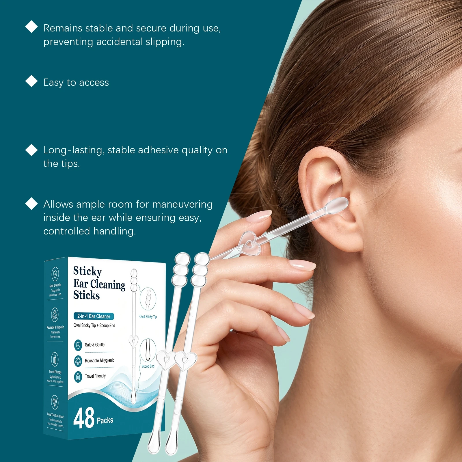 48pcs Sticky Ear Cleaning earwax Sticks with Soft Micro-Adhesive Gel Tips, Disposable Ear Canal Surface Dirt Removal Tools
