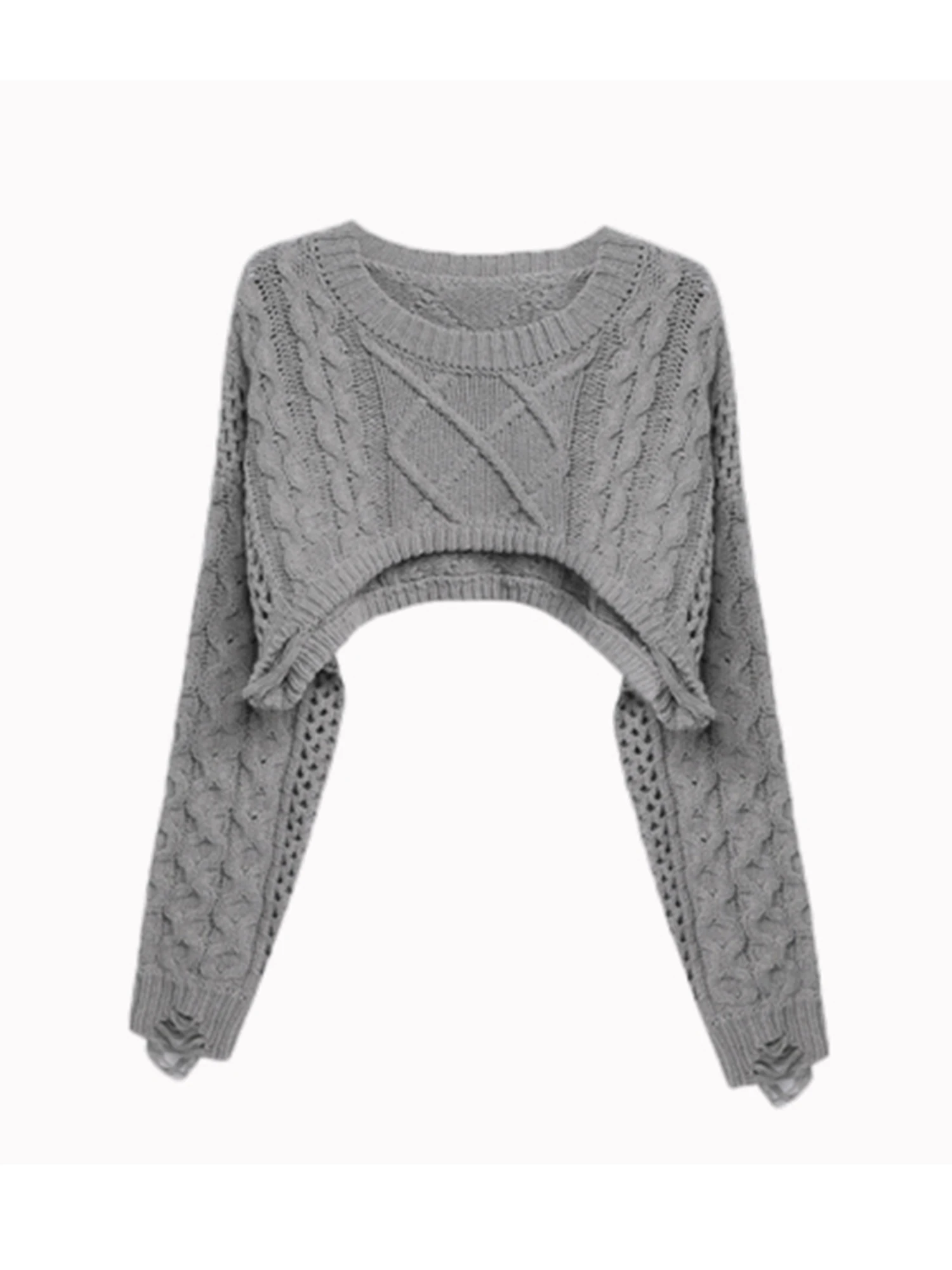 

Women's Grey O-Neck Pullover Korean Hollow Sweater Vintage 2000s Y2k Jumper Knitwear Long Sleeves Cropped Sweater Spring Autumn