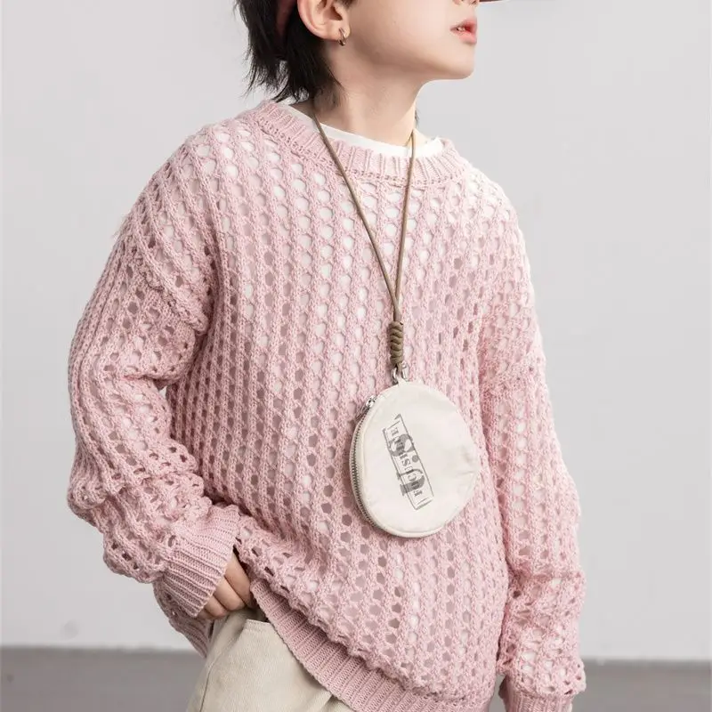 

Boys Spring Autumn Sweater 2025 New Korean Fashionable Kids Solid Color Hollow Out Knitted Long Sleeve Pullover