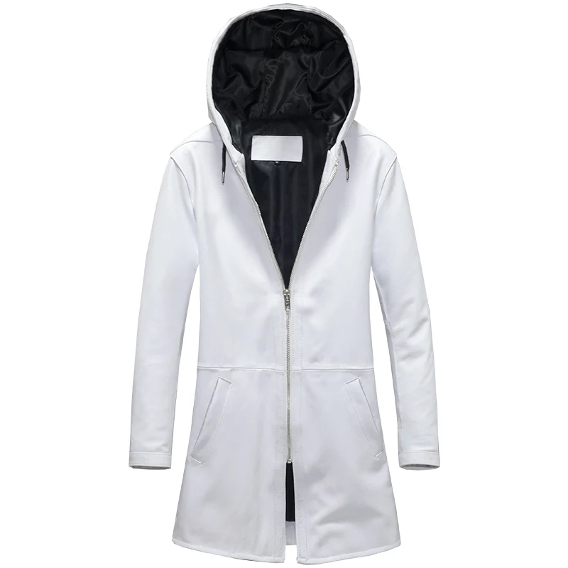 Men's white windbreaker cowhide hooded medium long leather coat slim youth casual simple jacket coat