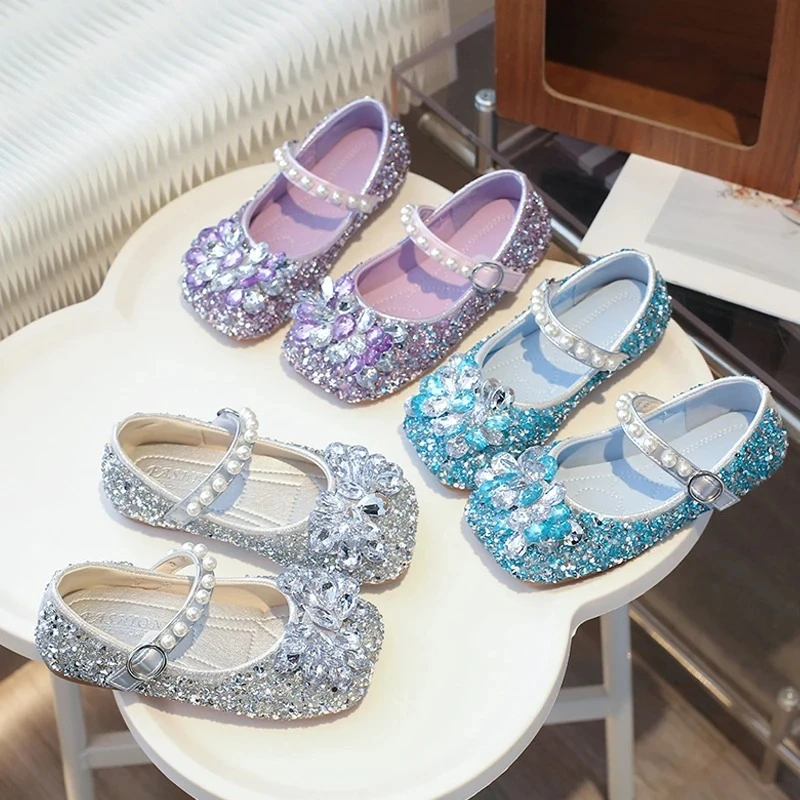 

Роскошные фиолетовые туфли с кристаллами для девочек, синие туфли Мэри Джейн со стразами, детские балетки с серебряными пайетками, туфли принцессы