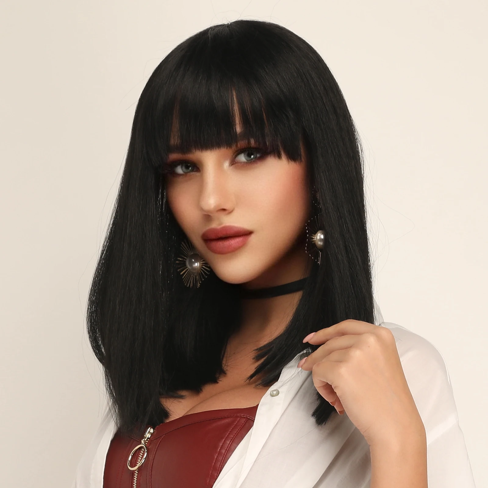 14inch Bob Short Straight Black Brown Synthetic Women Wig for Halloween Christmas School Thanksgiving Day