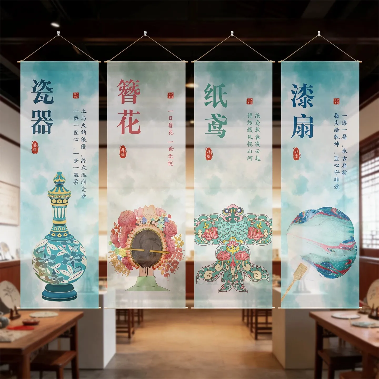 Asian Zen Room Divider – Large Scale Cultural Heritage Gauze Banner, Wabi Sabi Sheer Curtain for Art Gallery, Museum Display