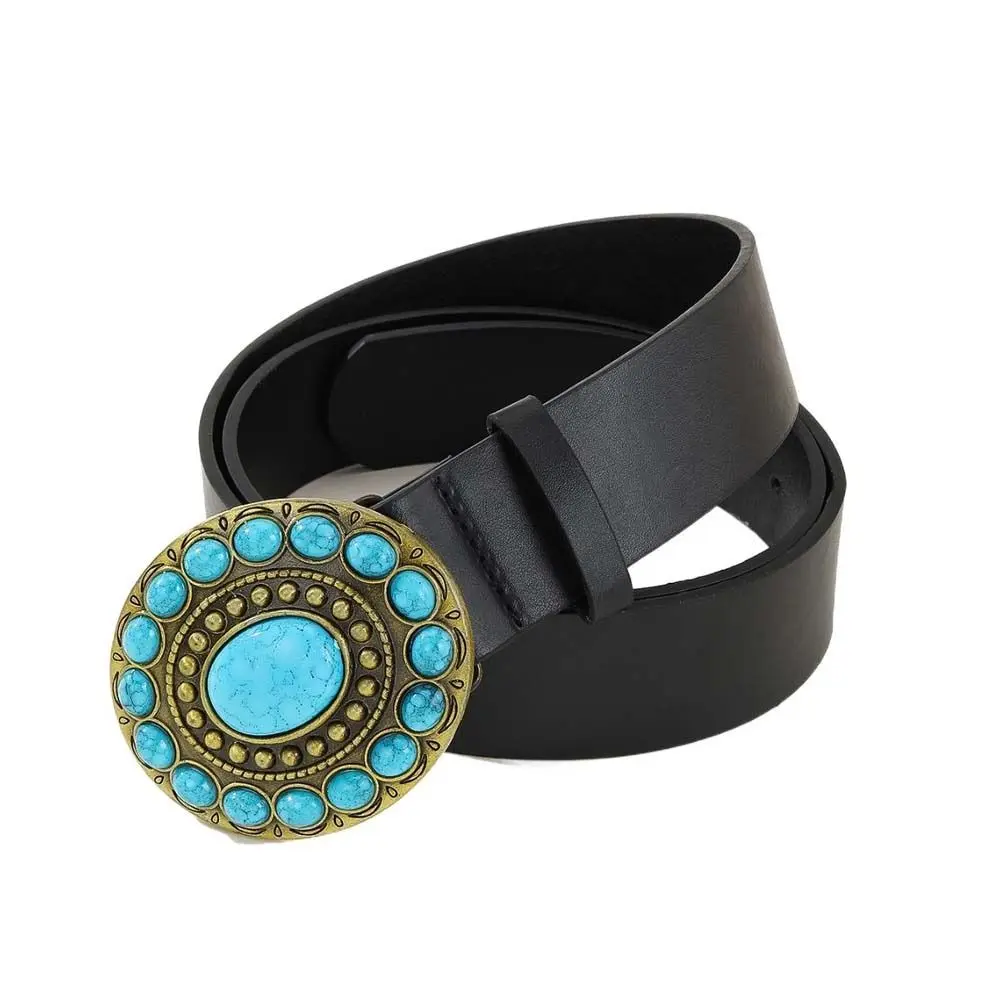 Metal Buckle PU Leather Belt Ethnic style Beaded Wide Side Waist Belt Blue Stone All-match Korean Style Waistband Party