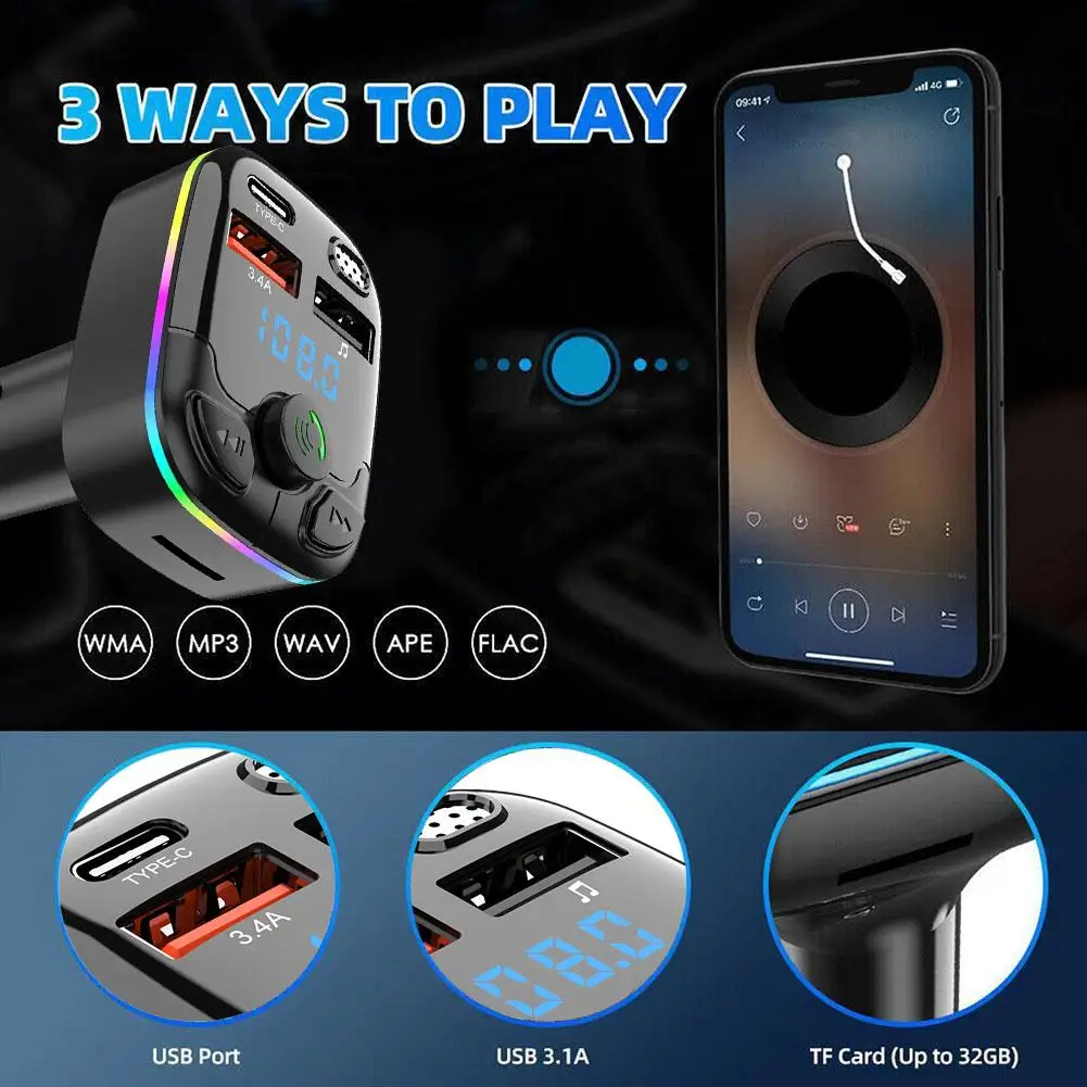 Car Bluetooth 5.0 FM Transmitter PD Type-C Dual USB 3.1A Colorful Ambient Light Handsfree MP3 Modulator Player