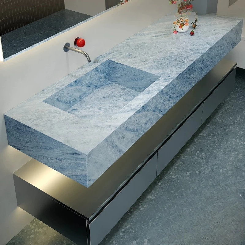 Blue crystal luxury stone marble rock slab seamless integrated basin bathroom cabinet combined bathroom