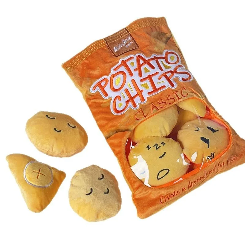

Pet Toy Plush Potato Chips Bag with Cheese Balls Treat Dispensing Snuffle Pouch Hide Treats Squeaky Sound for Dogs and Cats soft