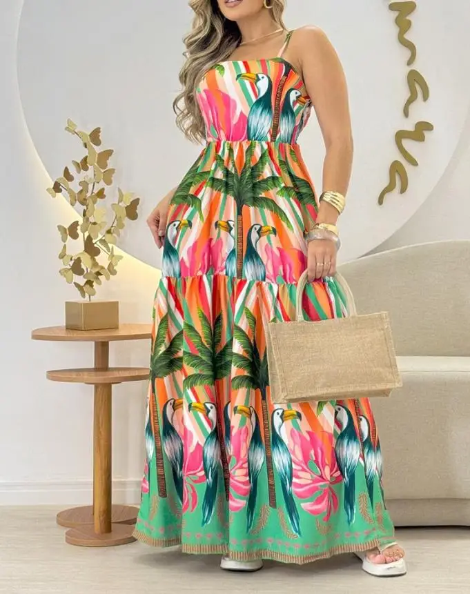 

Womens Dresses 2025 Summer Fashion Animal & Plants Print Spaghetti Strap Shirred Maxi Dress Casual A Line Waist Flared Dress