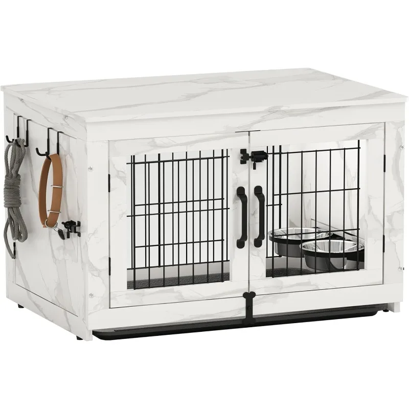 Hundemöbel aus Holz mit 360° ° Drehbare abnehmbare Schüsseln, Kisten-Beistelltisch mit Tablett, Doppeltüren, Zwinger