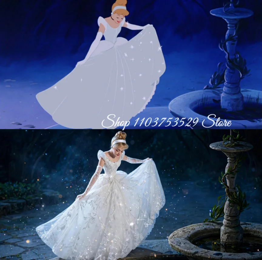Maßgeschneidertes Weißes Cinderella Prinzessinnen-Ballkleid Traumhaftes Märchenhaftes Funkelndes Hochzeitskleid Bühnenkostüm Maskerade-Ballkleid