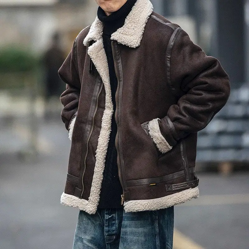 

Winter Bomber Jacket Men Women American Style Vintage Oversize Hip Hop Motorcycle Fleece Lined High Street Casual Outerwear Tops
