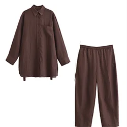 PB&ZA2024 autumn new women's fashionable temperament loose commuting solid color linen long shirt casual pants set