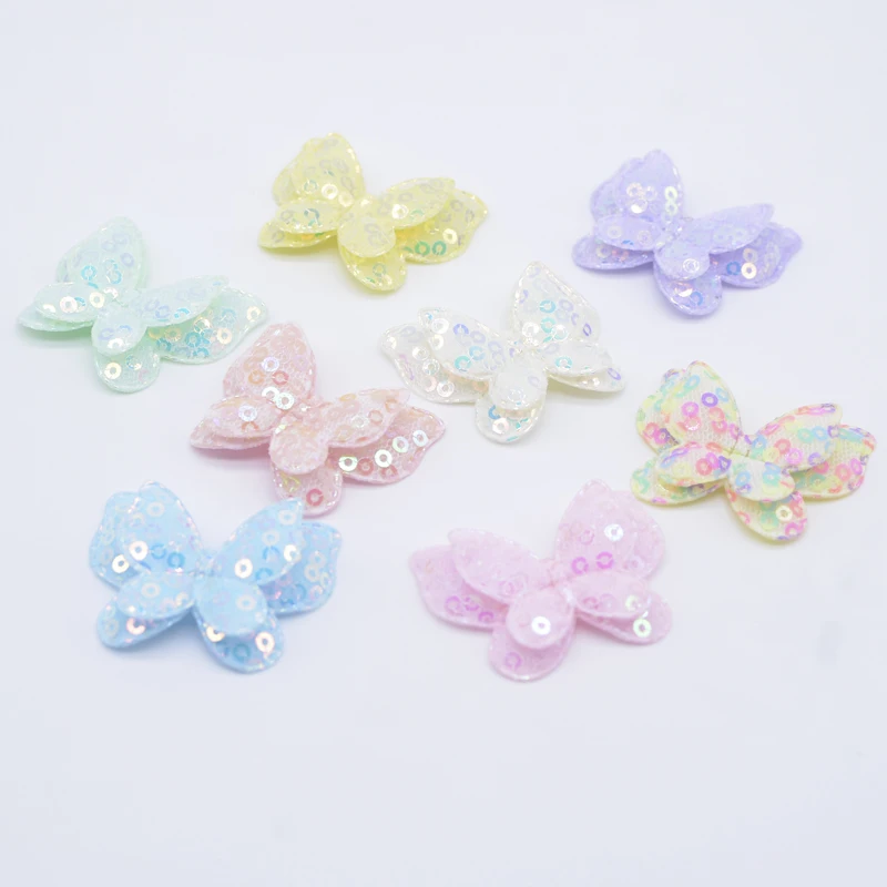 16Pcs 40*32mm Padded Sequins Double Butterfly Appliques for Clothes Hat Shoes Sewing Patches DIY Headwear Hair Clips Bow Decor