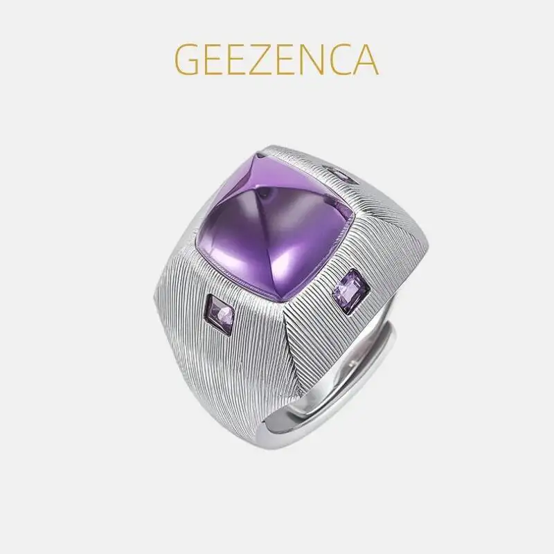 GEEZENCA 925 Sterling Silver Stripe Amethyst Stone Open Statement Ring Women Personalized Geometric Wide Chunky Rings Gift Her