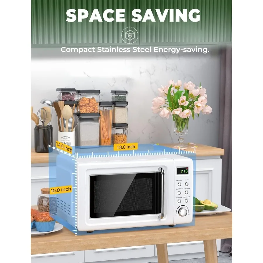 Compact Retro Microwave Oven for Small Kitchens 0.7cu.ft Countertop Design with Removable Turntable and Child Safety Lock Featu