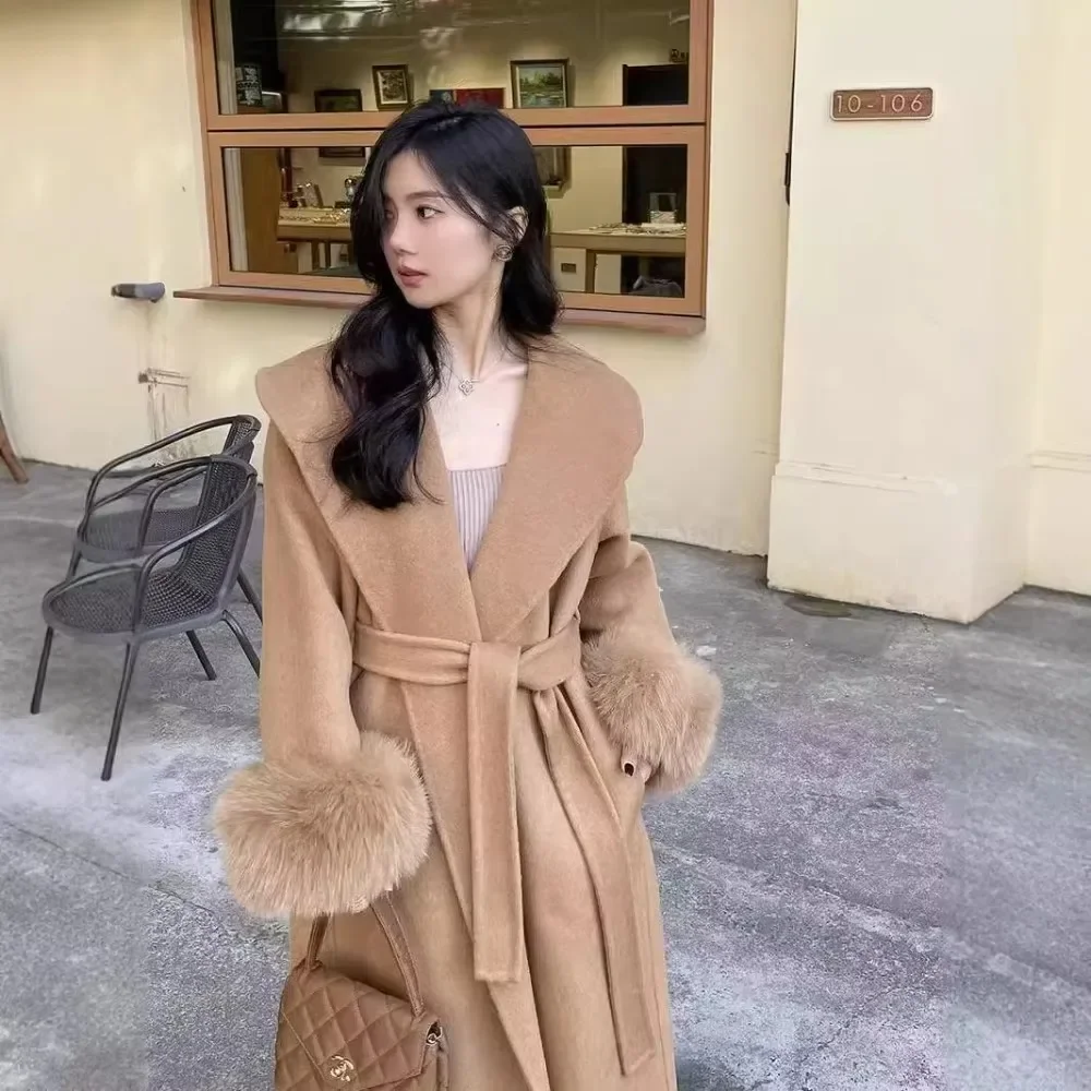 Donne Nuovo Grande Risvolto Lungo Pelliccia di Volpe Giacca di Lana Double-sided Cappotto di Cachemire Femminile Reale Cappotto di Pelliccia di Volpe Giacca di Lana 2024 Inverno Nuovo