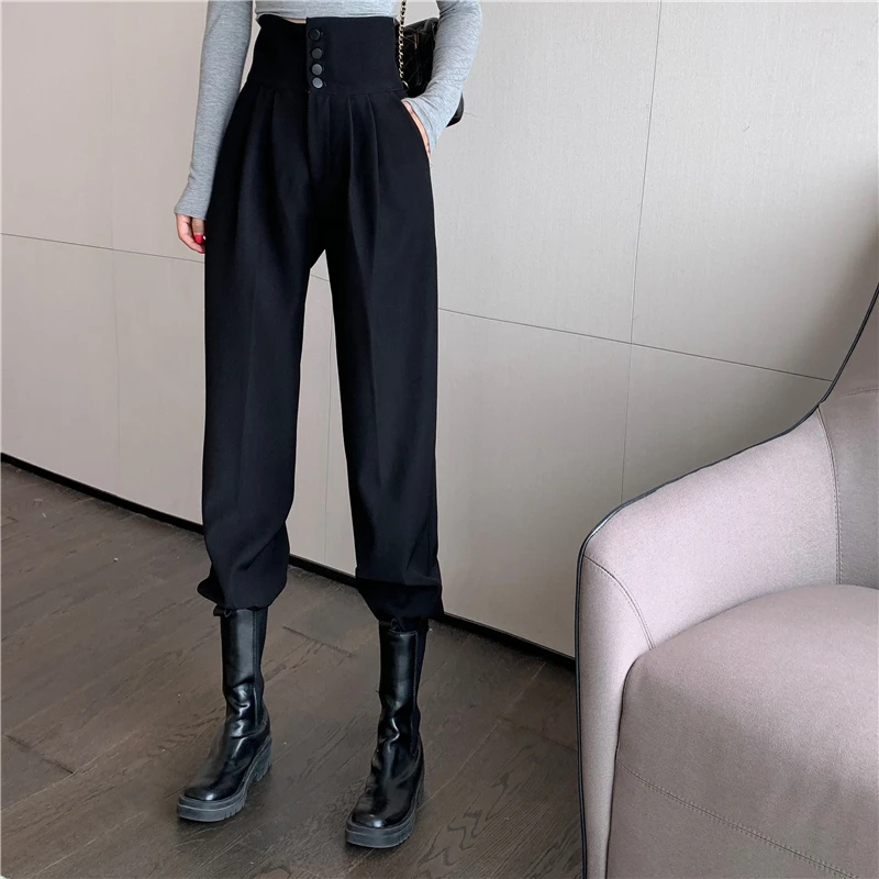 Women Harem Pants Korean Casual Spring Autumn High Waist Trousers Female Solid Buttonn Dressing Relaxed Fit Pleated Pants