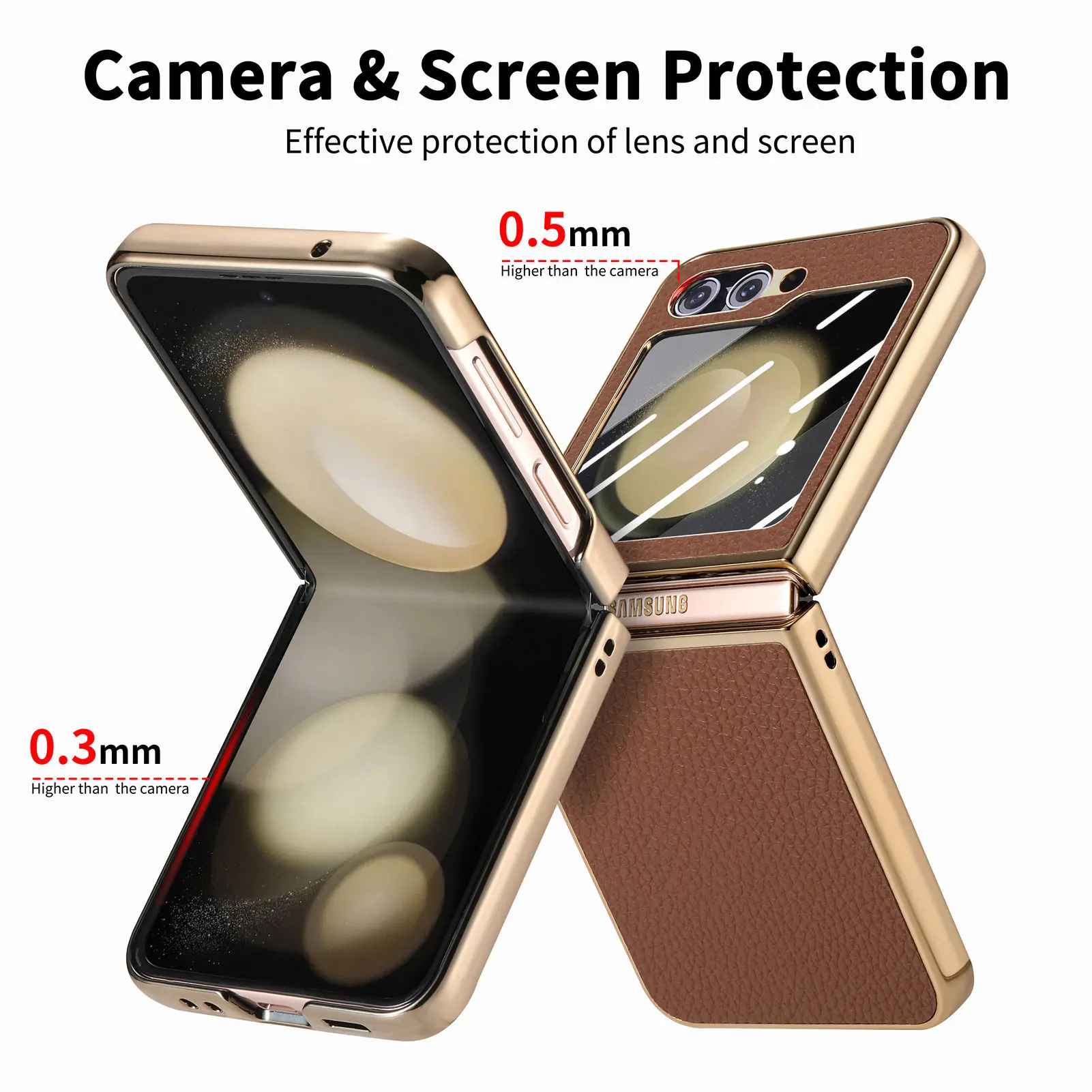 Lychee Pattern Plated Phone Case For Samsung Galaxy Z Flip 5 4 With Screen Protector Shockproof Pu Leather Cover