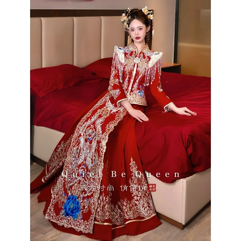 Heavy industry shoulder Chinese-style wedding dress for brides phoenix crown and red cape