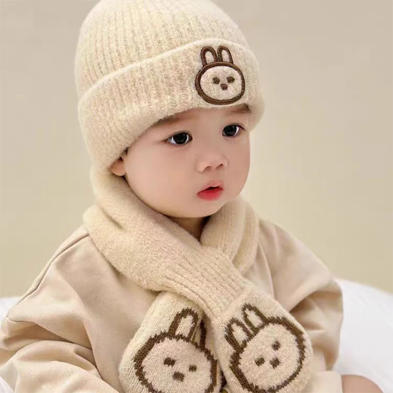 Conjunto de chapéus e cachecóis infantil, estilo coreano fofo, gorro de coelho, chapéu de malha, conjunto de duas peças, moda outono e inverno