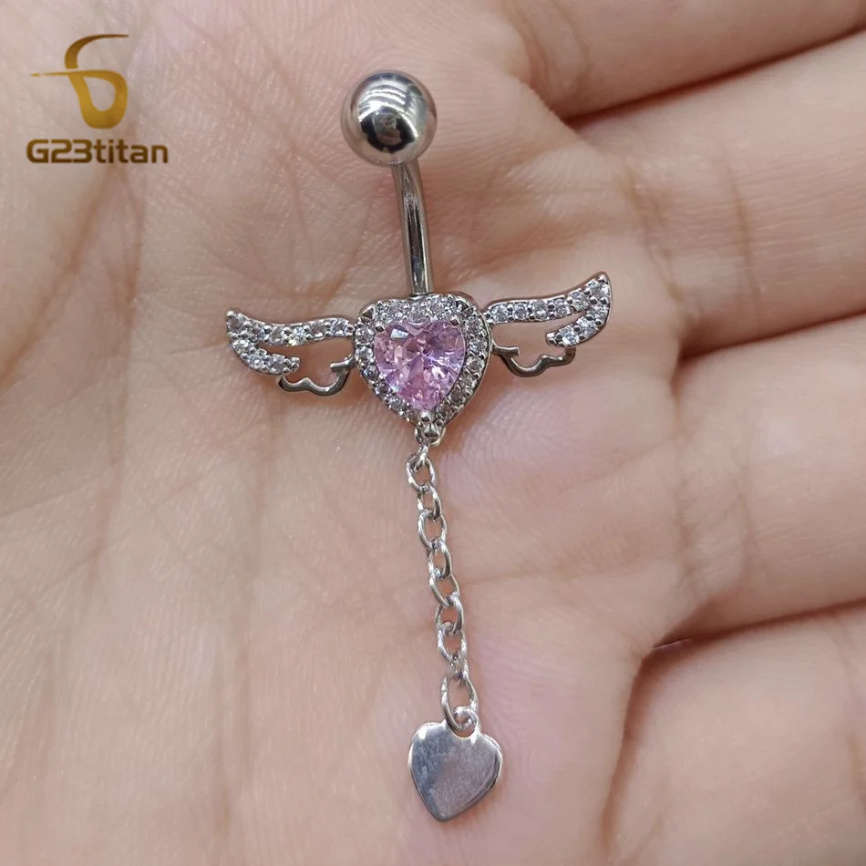 G23titan 6-16mm Titanium Barbell Heart Pendant Wings Belly Button Ring Surgical Body Piercing Anti Allergic Women Navel Jewelry