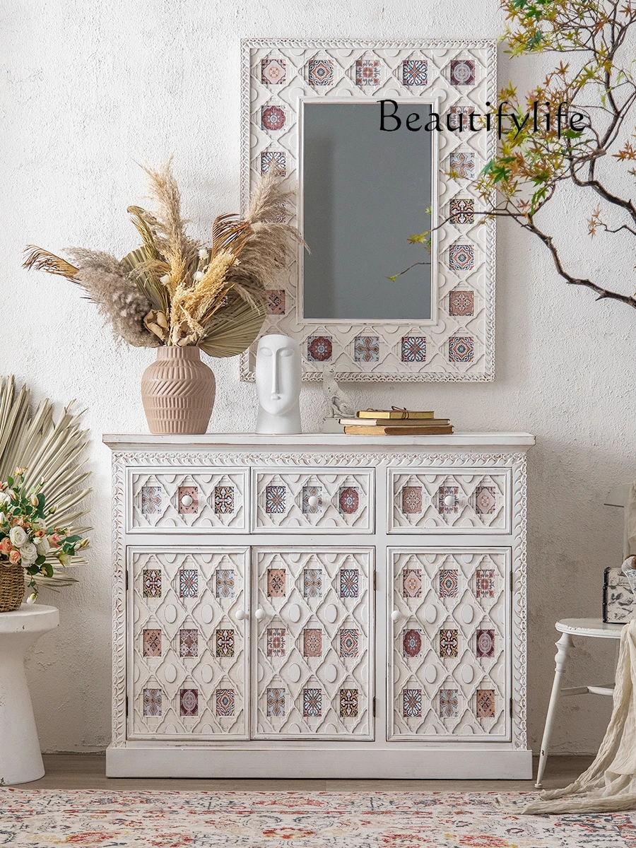 

French medieval solid wood pattern storage cabinet household living room entrance entrance decorative cabinet