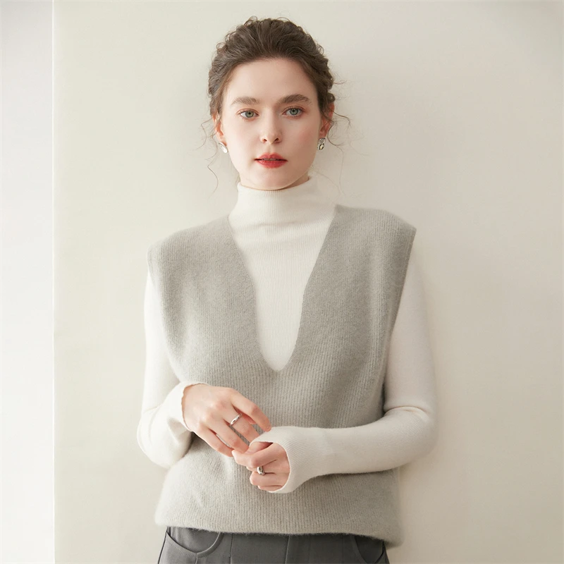 

Женский свитер с глубоким v-образным вырезом, кашемировый жилет, пуловер без рукавов, осень-зима, 100% кашемировый трикотаж, жаккардовый офисный женский жилет