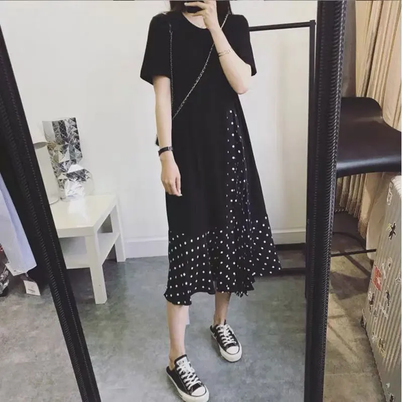 

Casual Korean Spliced Printed Dresses Women's Clothing Fashion Asymmetrical Summer O-Neck Short Sleeve A-Line Loose Midi Dress