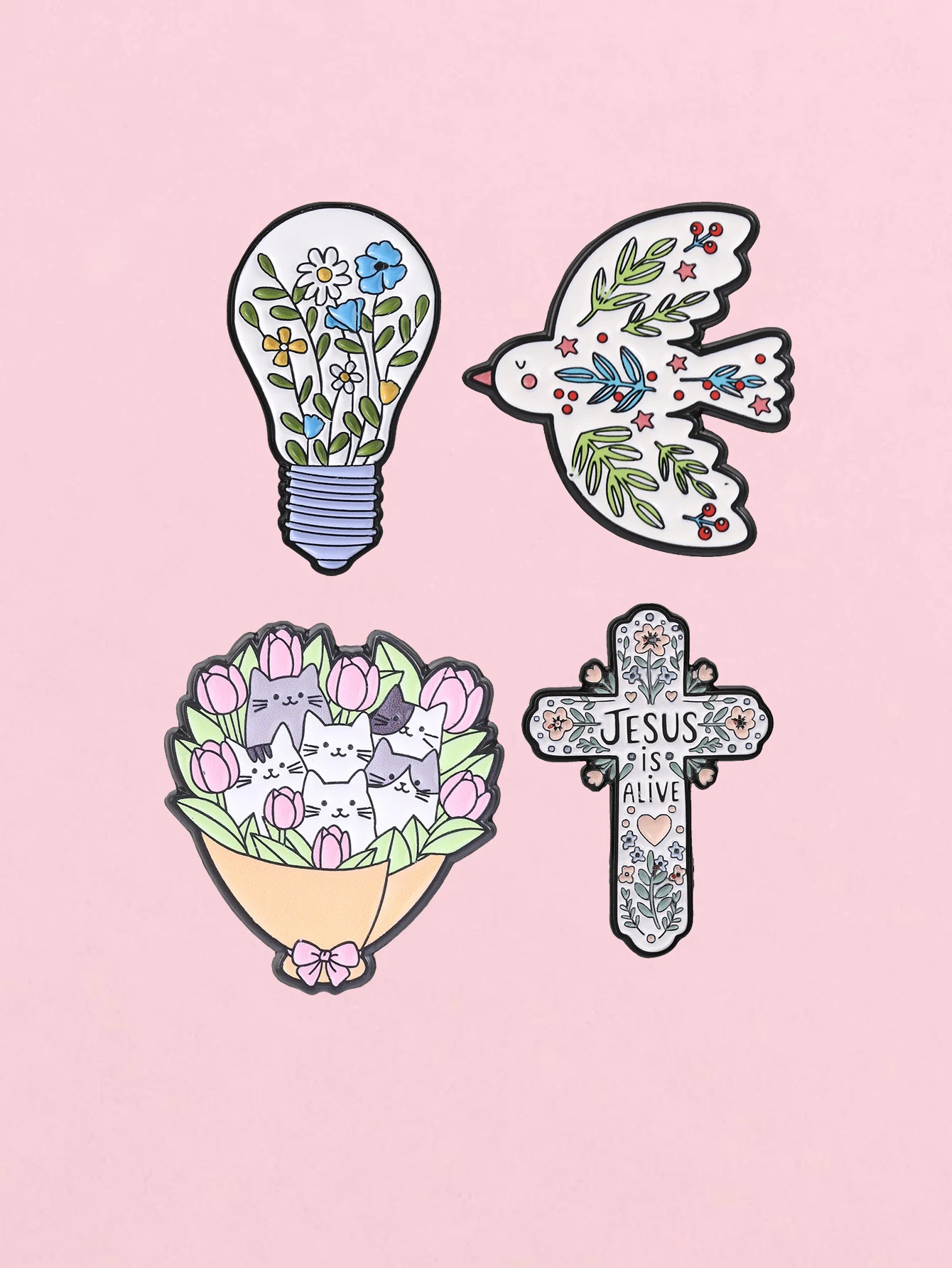 Set of 4 Cute Floral Enamel Badges, Light Bulb Flower, Peace Dove, Tulip, Cat Bouquet Cross Brooch, Jesus Resurrection Religious Tie Badge, Beautiful Backpack and Clothing Decoration Badge