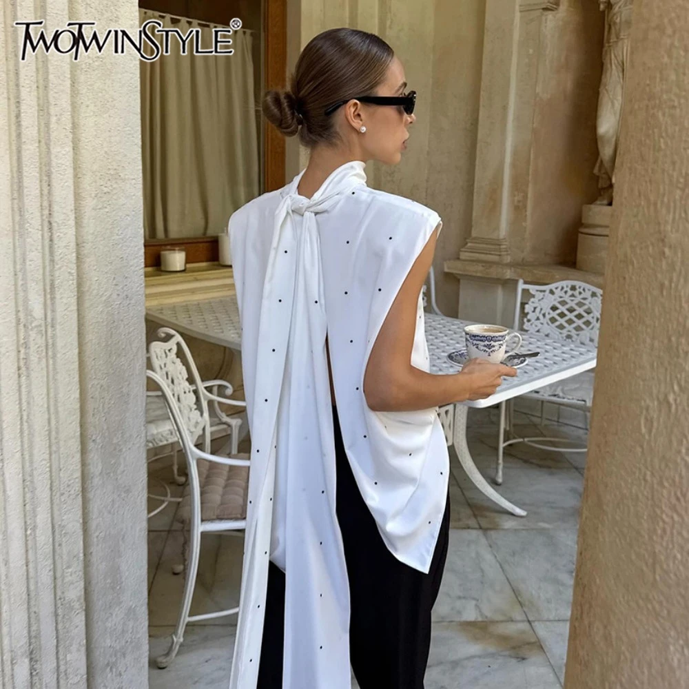 TWOTWINSTYLE Romantic Dates White Dot Print Tank Top for Women Bow Neck Sleeveless Back Slit Design Slimming for Office Commute