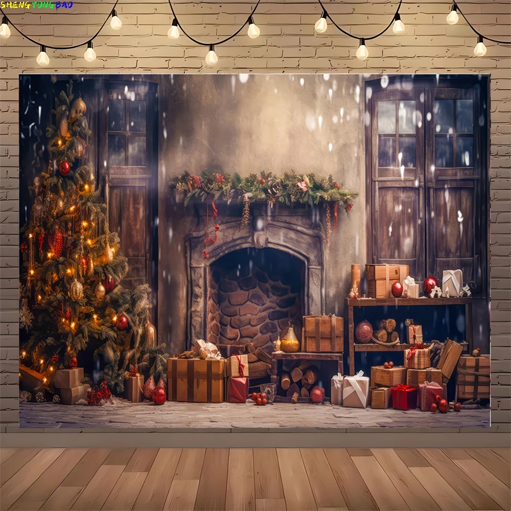 Christmas Tree With Gift Boxes Photography Backdrops Winter Snow Decorations Wooden Door Fireplace Room Background Props WR-18