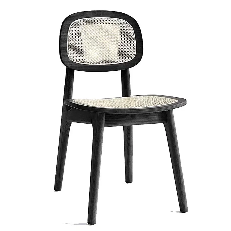Nordic Solid Wood Chair with Backrest, Woven Rattan Dining Chair, Home Use, Minimalist Aesthetic, Rattan Chair