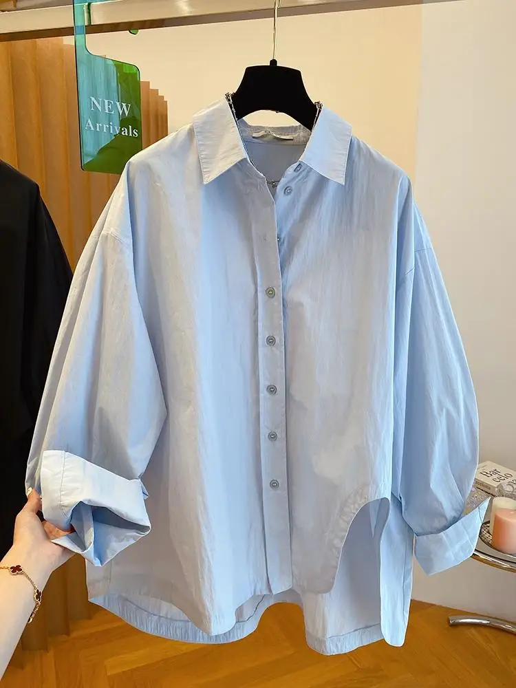 

SuperAen Korean Style Solid Color Blue Long-sleeved Shirt Women 2025 Autumn New Loose Asymmetrical Design Single Breasted Shirts