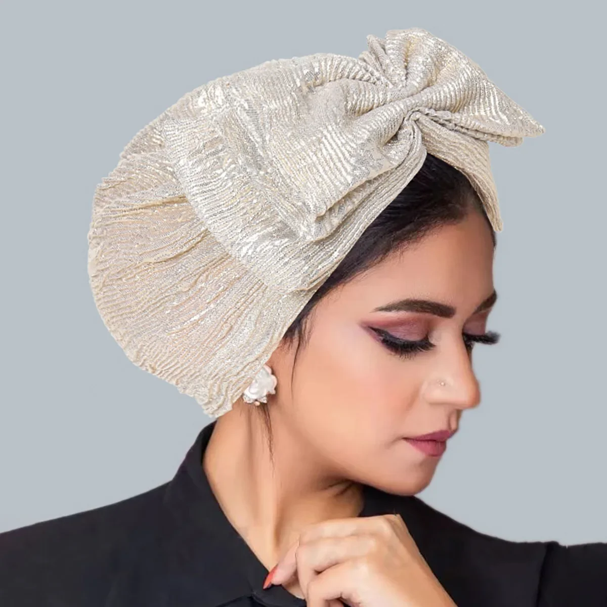 

New Shiny Bow Turban Indian Hat Women Muslim Hijab Headscarf Glitter Beanies Bonnet Chemo Cap Hair Loss Head Wrap Turbante Mujer