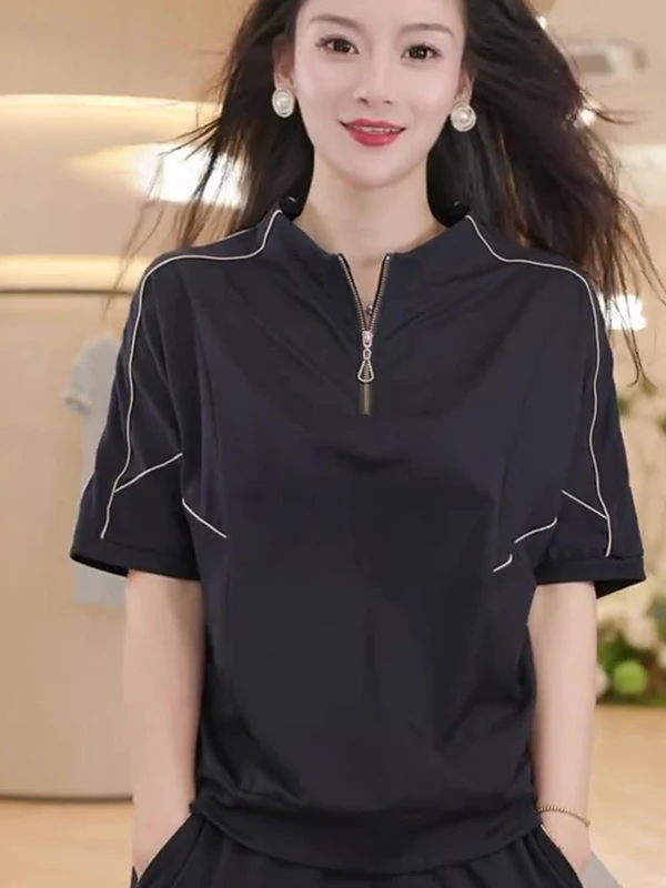 

Gtuq Trendy Personali High-End Bla Striped ort Sve T-irt Women's Summer Simple Sle Top Commute Korean Loose Fit