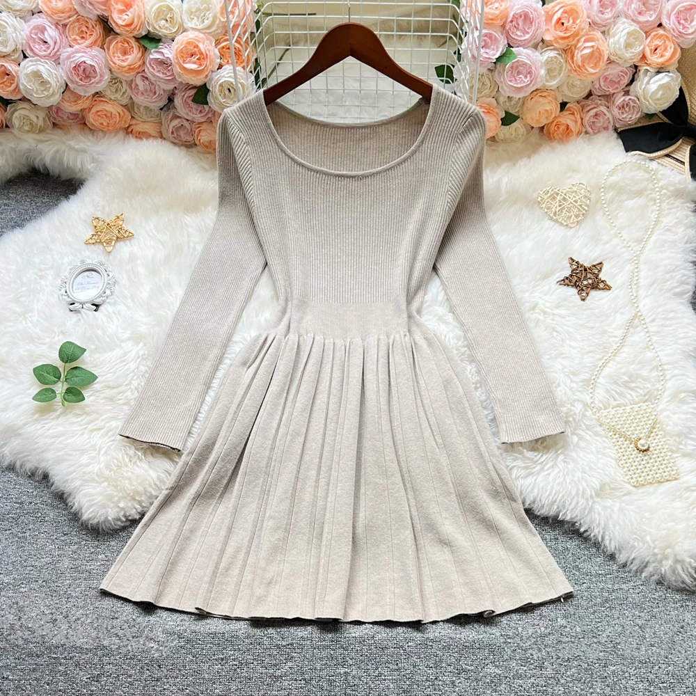 YuooMuoo Korean Fashion A-line Short Dress 2025 Autumn Winter Women Basic All Match Black Knitted Dress Lady Solid Pleated Dress