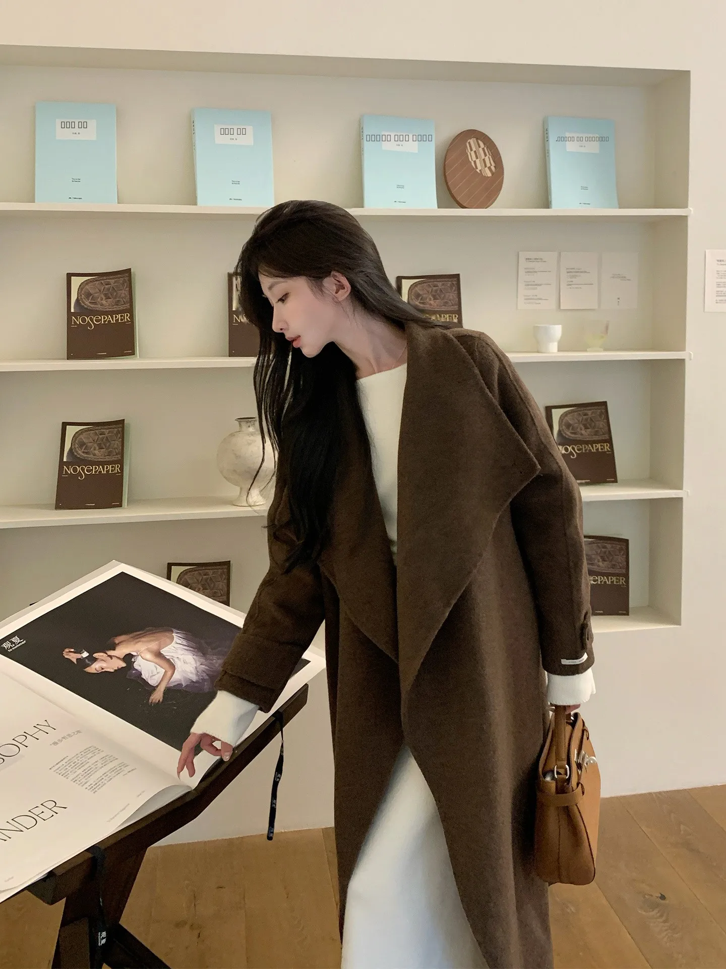 

Ele Double-Faced Camere Coat Long with Large Collar for Women High-End Feelings Winter Faion Wool Blend Outerwear