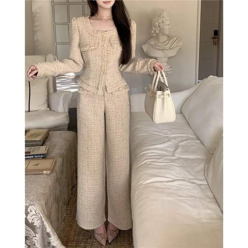 Fashionable Women Square Neck Long Sleeve Tassel Button Short Coat Autumn Winter High Waist Casual Wide Leg Pants Two Piece Set