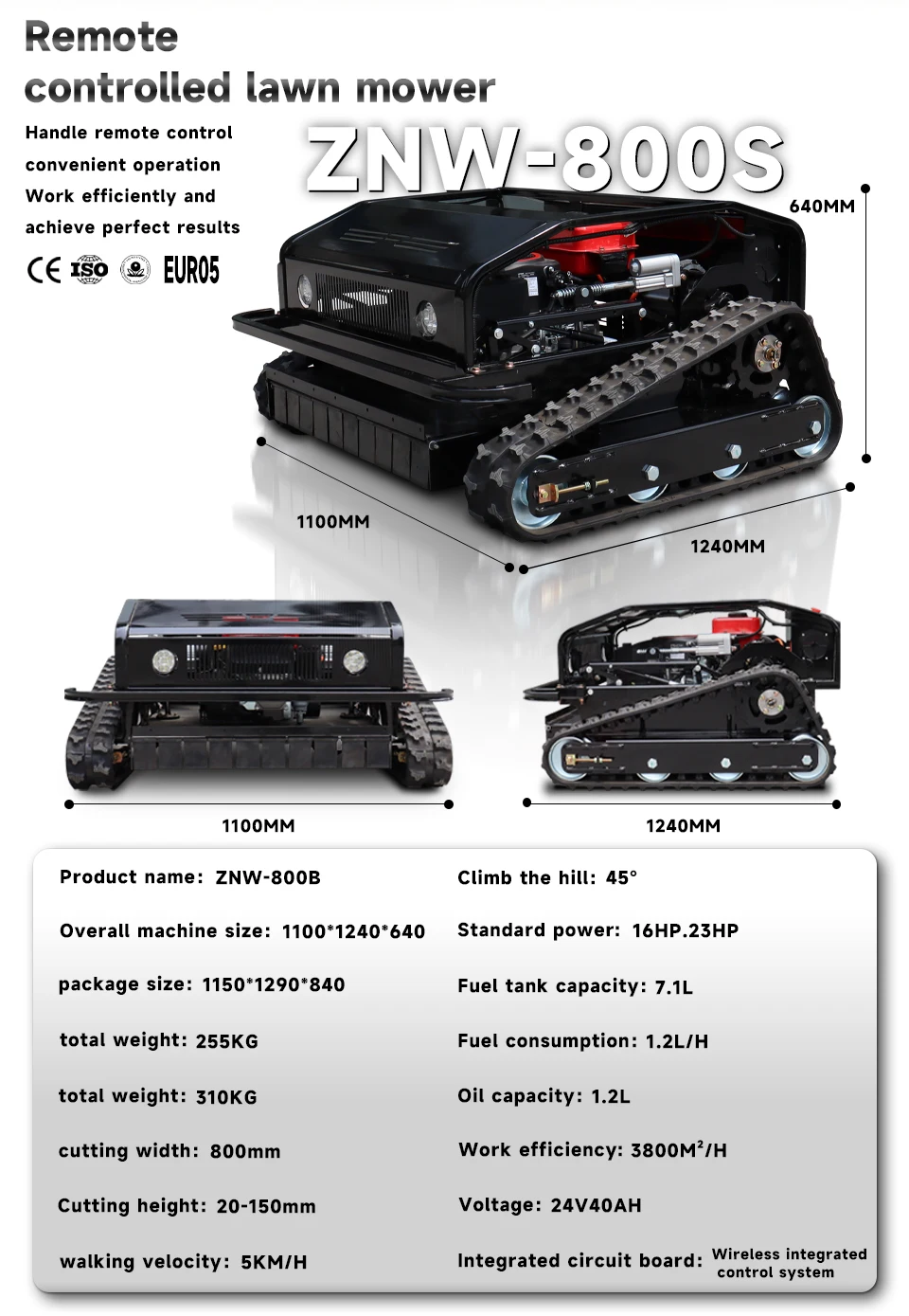 ZNW-800S is een afstandsbediening grasmaaier die kan worden uitgerust met een sneeuwschuiver en de afstandsbediening optillen