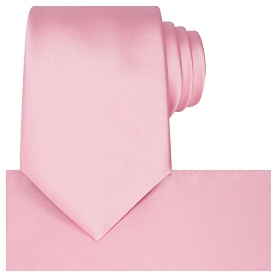 Satin Tie Set Solid Ties Mens Necktie + Pocket Square, Pink view 2