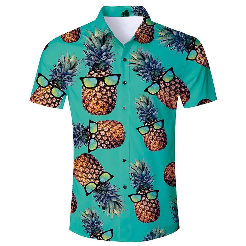 Camisas engraçadas masculinas de abacaxi, 3D Print, Blusa de praia, Camisas Masculinas de Lapela Vocacional, Roupas de Botão Havaiano